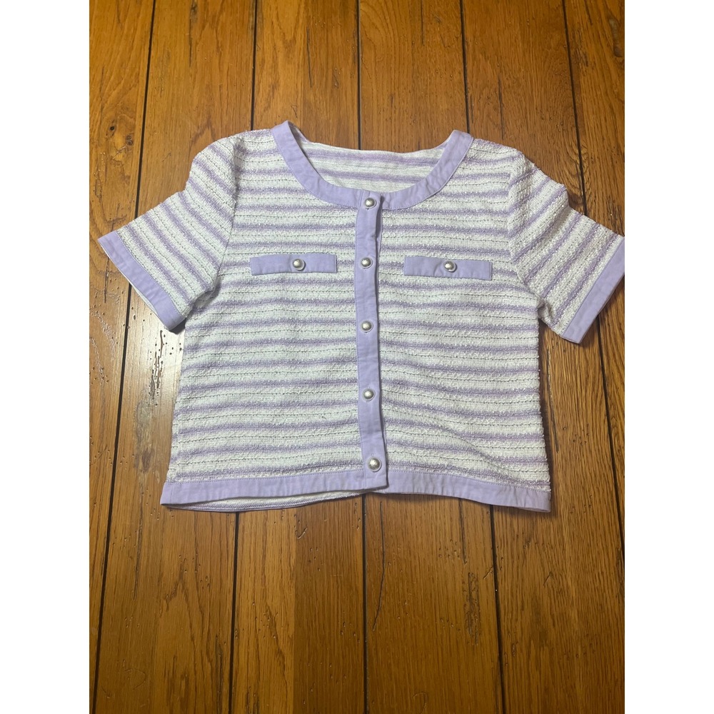 South Agsard Purple White Striped Metallic Knit Short Sleeve Cardigan Small
